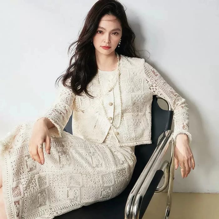 Women's White Crochet Tweed Jacket and Skirt Set