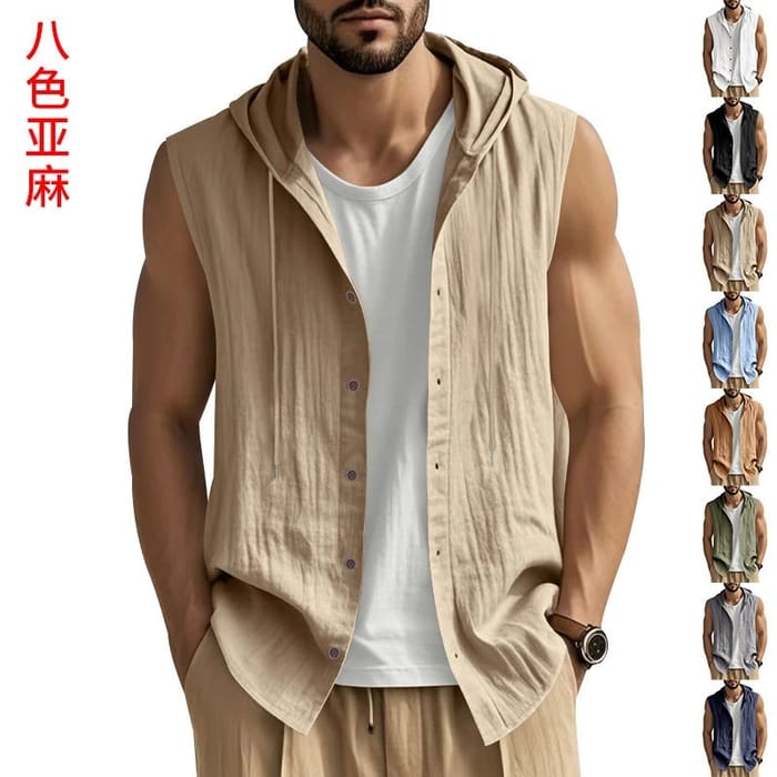 Men's Linen Sleeveless Hooded Vest - Navy Blue Loose Fit