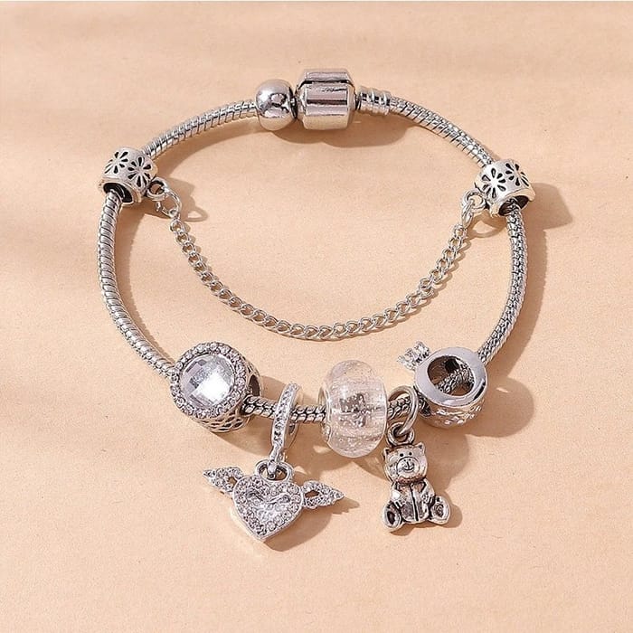 Silver Charm Bracelet with Heart and Bear Pendants Gold