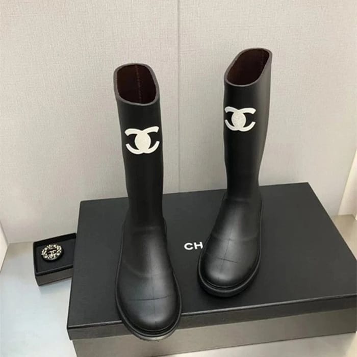 Chanel Black Rubber Rain Boots with CC Logo