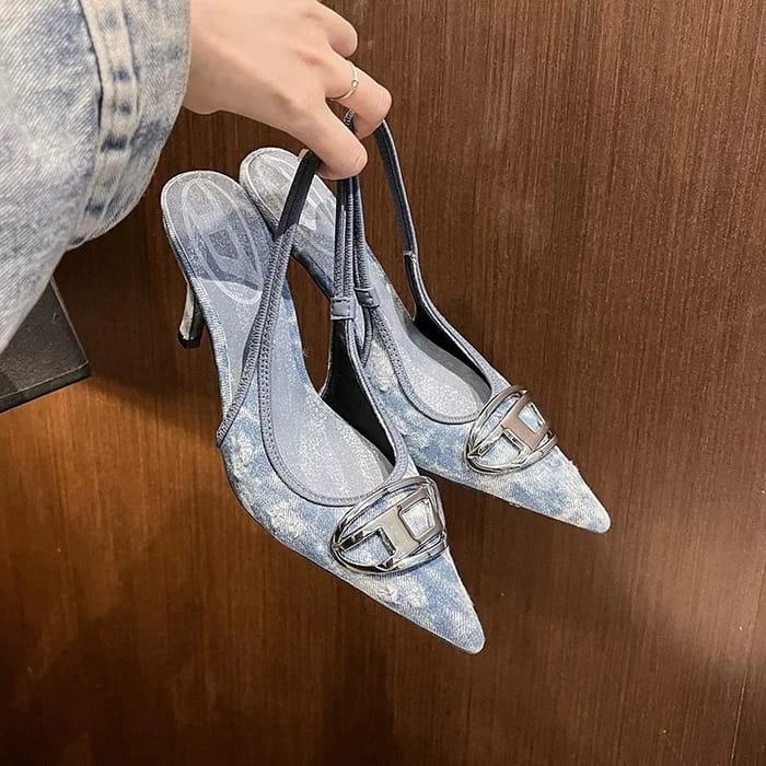 Denim Blue Pointed Toe Heels with Metal Buckle Detail