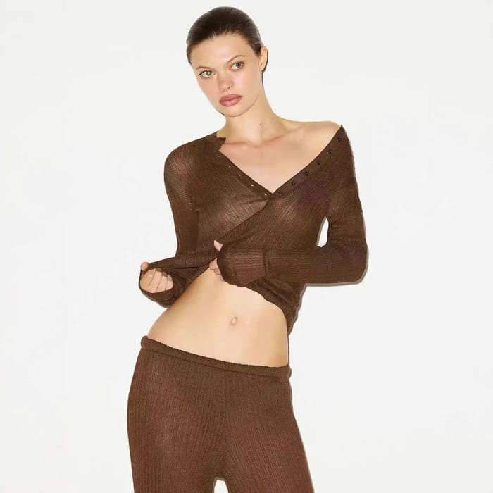 Ribbed Knit Long Sleeve Henley Top - Sheer Lightweight T-Shirt with Buttons