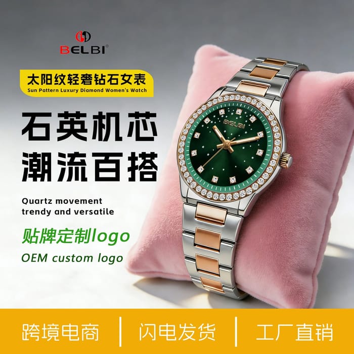BELBI Gold Women's Watch with Diamond Bezel and Black Dial
