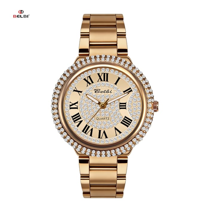Belbi Women's Quartz Watch with Rhinestone Bezel and Roman Numerals