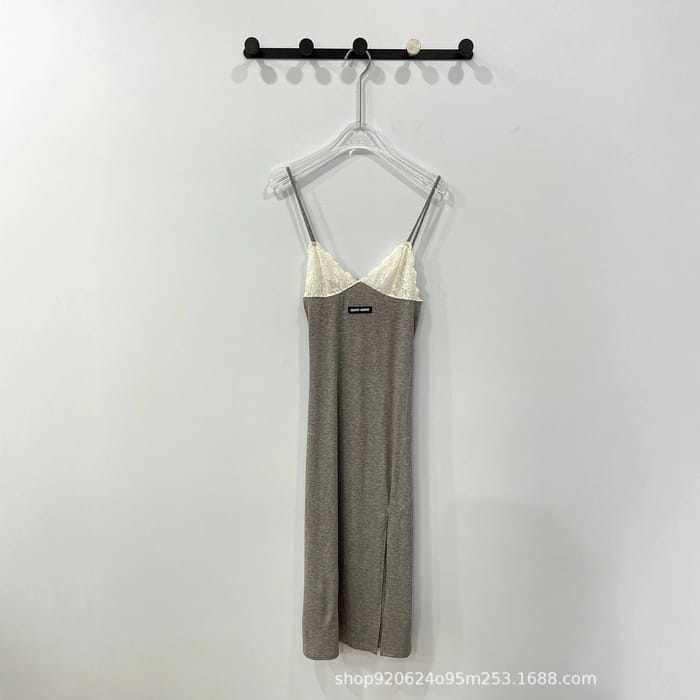 Gray Lace Trim Sleeveless Dress Embroidered