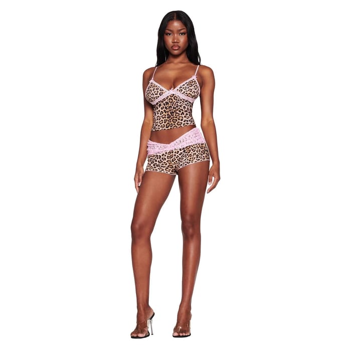 Leopard Print Lace Trim Bralette and Boyshort Set